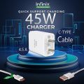 Infinix Original 45W Fast Charger / Infinix 45W Fast Charging Adapter with Cable / Infinix 45 Watt Box Pulled Original Power Adaptor with Cable for Note 20, Note 30, 40, 40pro 5G, Zero 30, Zero x,Zero x Pro Zero 20, Gt 20, Gt 50pro,Hote 40. 