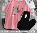 CUTE UNICORN Tag Printed Summer Tracksuit For Women & Girls Tee-shirt with trousers New Design Round Neck Half Sleeves T Shirts Top Quality Gym Wear/Casual and comfortable Pair T-Shirt and Trouser. 