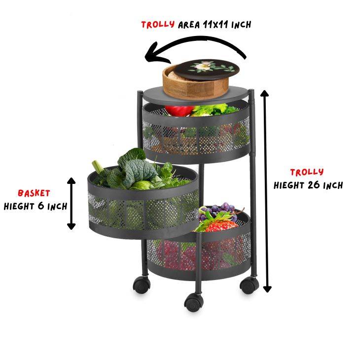 Kitchen Vegetable and fruit 3 Tier 3 layer Round Basket Rotating Rack Moveable Organizer trolley - Kitchen Storage savior by zbey trader