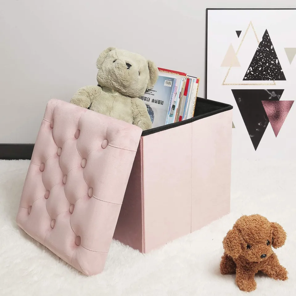 Pink Velvet Ottoman Storage boxes Folding Stool Soft Cushion