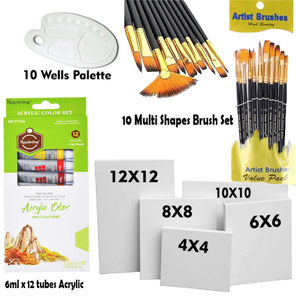 28 Pcs/Set Value Pack For Artist - Canvases, Acrylic Paints, Multi Shape Brushes and 10 Wells Palette - KC