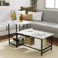 Coffee Table Black Marble Set of 1 Round and Long Rectangle 2 Tiers Wood Storage Shelf Detachable Living Room Black and white Marble. 