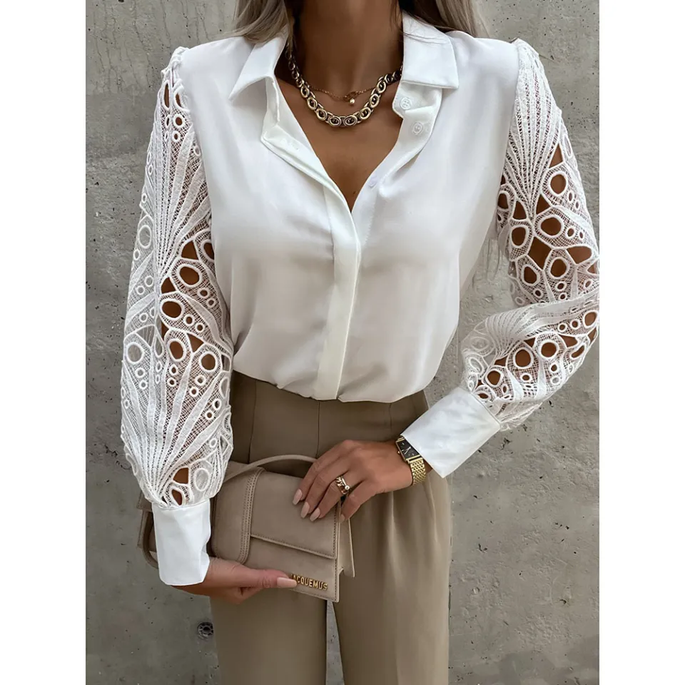 Women Fashion Casual Solid Color Shirt Round Neck Long Sleeve Lace Stitching Loose Blouse Daraz.pk