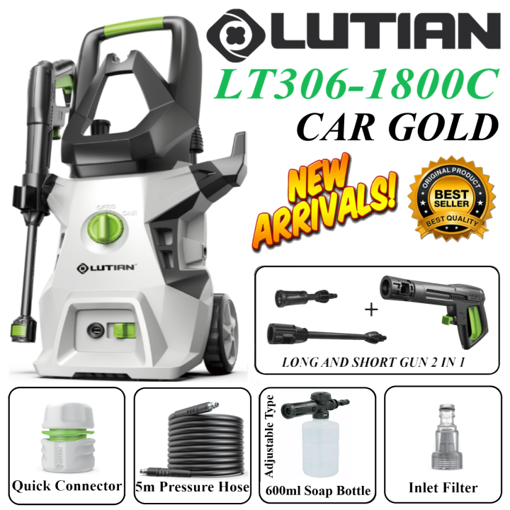 LUTIAN - LT306-1800C -  140 BAR HIGH CAR PRESSURE WASHER - 1800 WATTS -AUTO START - SELF PRIMING - PORTABLE- 2 IN 1 GUN ( LONG & SHORT)