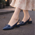 Women's Slingback Bow Flats - Pointed Toe Patent Finish - Navy & Beige. 