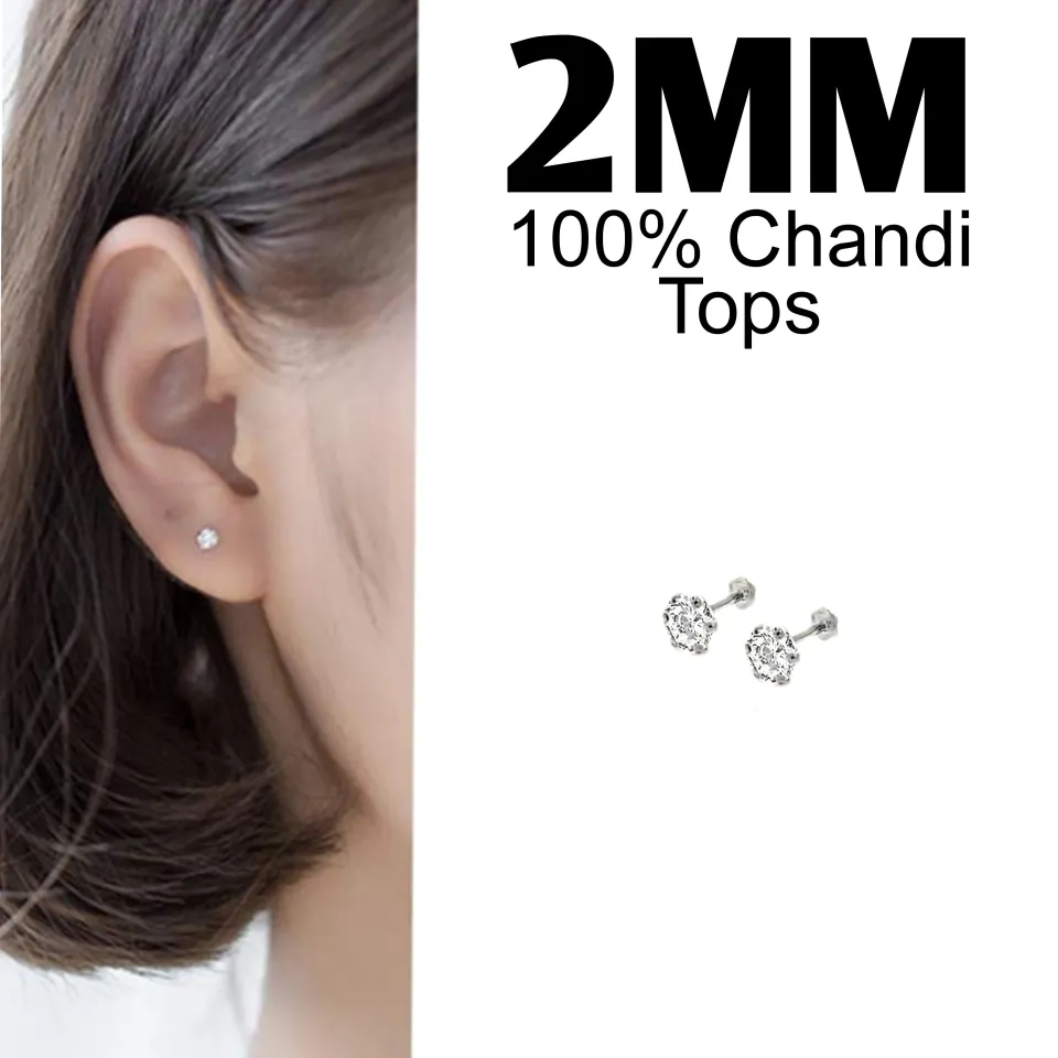 2MM 100% Chandi Tops, Stud Earrings for Women Cubic Zirconia Stud