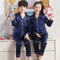 CUSTOMIZED Pure Satin Silk Twins nightwear night suit night dress pajamas night for kids baby girl (Navy Blue). 