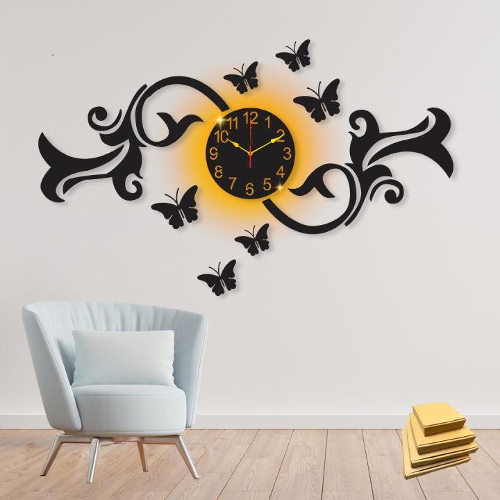 Fancy Wall Clock With butterflies,3D Wooden wall clock Cnc Laser cut design decoration piece item for home, living room ,shops, offices and for gifts