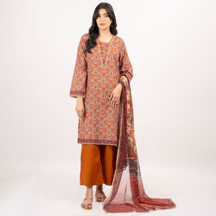 Maahru Unstitched Fabric for women and girls - 2 piece - Shirt and Dupatta - Block-Me-Red