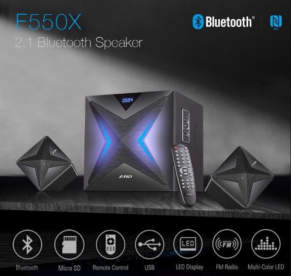 F&D F550X 112W 2.1 Channel Bluetooth Multimedia Speakers with Subwoofer, Remote, USB, SD Card, NFC