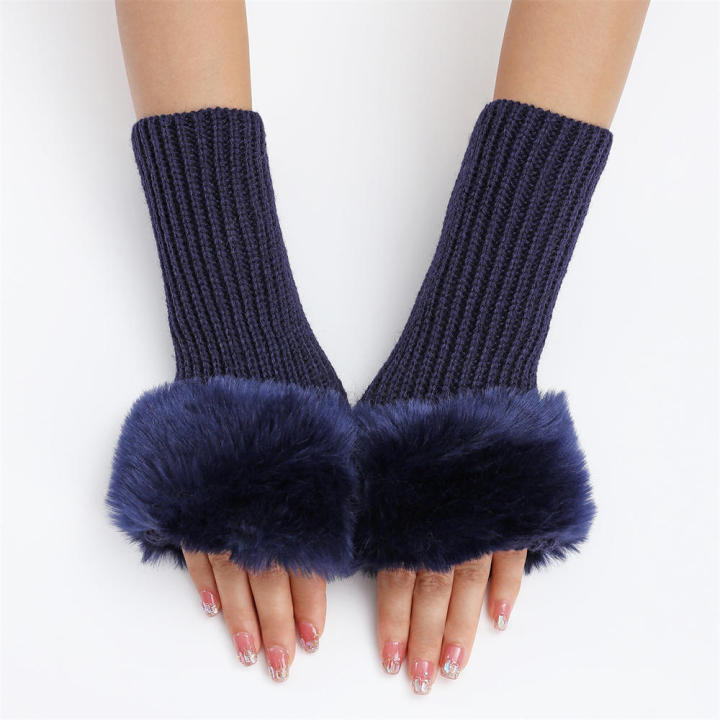 Plush Women gloves Elasticity Knitted Furry Half fingers mittens Fashion gloves for Outdoor Girls Women