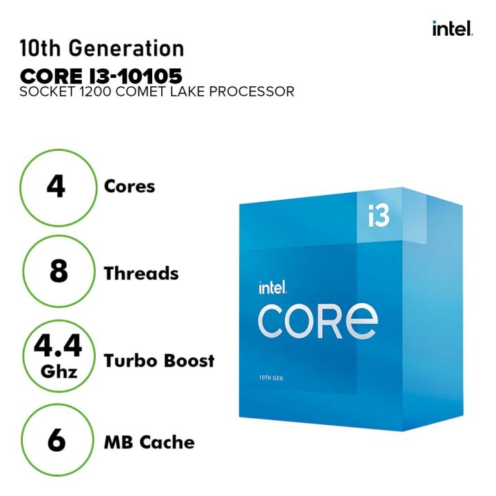 10th Generation Core i3 Processor, Model 10105, 4 Cores, 8 Threads, 6MB Cache Memory, Upto 4.4 Ghz Speed, Tray Packed System Pulled 6 Months Local Warrantry