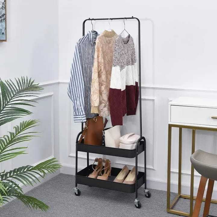 Garment Rack with 2-Tier Shelves, Clothes Coat hanger, Clothing Hallstand Coat shoes organizer storage rack trolley 2-in-1 ,In best and original quality