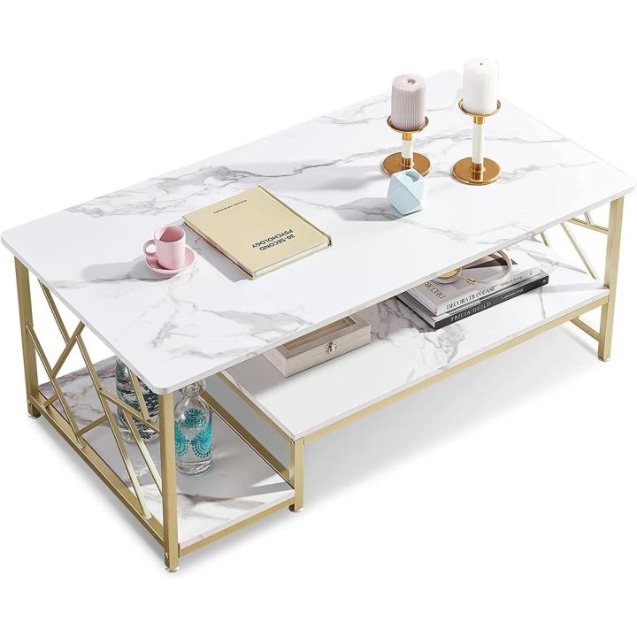 Marble Gold Modern Rectangle Coffee Table with Storage Shelf for Living ...