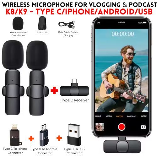 Wireless Microphone for iOS, Android, USB High-Quality K8/K9 for Vlogging Podcasts & Interviews