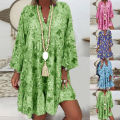 Mini Dress Cactus Print Ruffled Women V Neck Long Sleeve Buttons Dress for Beach. 