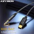 KEYSION HIFI DAC Earphone Amplifier USB Type C to AUX 3.5mm speaker audio adapter 32bit 384kHz Digital Decoder Car AUX Converter 2m. 