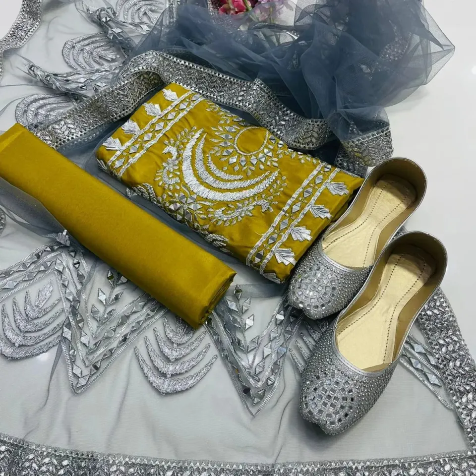 MSJ Piece Unstitched Wedding Dress – Kataan Mirror Work Shirt