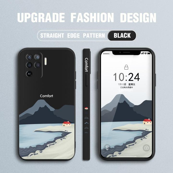 Jizetin for OPPO F19 Pro / A94 Case Mount Fuji Design Side Design Phone Case Square Edge Pattern Liquid Silicone Cases Full Cover Camera Shockproof Protective Case