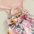 Infant Baby Girl 3 Pcs Outfit Sets, Letter Printed Ruffle Trim Short Sleeve Romper + Floral Print Shorts + Headband. 