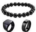 Black Combo Deal 3 In 1 Big Beads Bracelet 1 Ring & Chala For Men & Boys. 