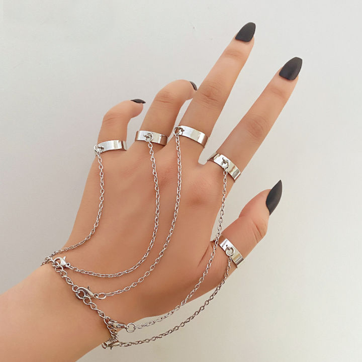 ( Pack of 1) Punk Geometric Silver Color Chain Wrist Bracelet for Men Five Finger Ring Charm Set Fashion Jewelry