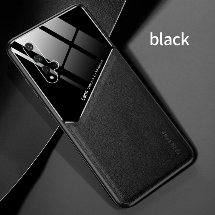 Lenuo For Huawei Honor 20 / Nova 5T Case Leather Texture Car Magnetic Holder Back Cover Soft Silicon Frame Shockproof Casing