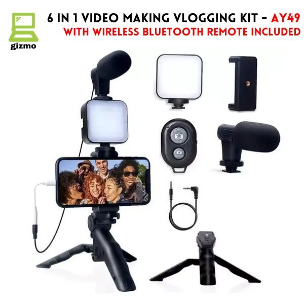 6 in 1 Video Making Vlogging Kit Tripod For Smartphone & Camera Vlog Kit - Mini LED Video Light, Extendable Phone Clip, Tripod with Adjustable Brightness, for Live Stream Vlog Video Shooting Video Conference Selfie