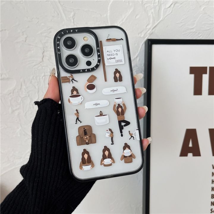 [All you need is coffee]CASETIFY Acrylic Phone Case compatible For iPhone 15 Pro MAX 11 12 13 14 Pro MAX Coffee girl TPU border transparent shockproof phone protect cover