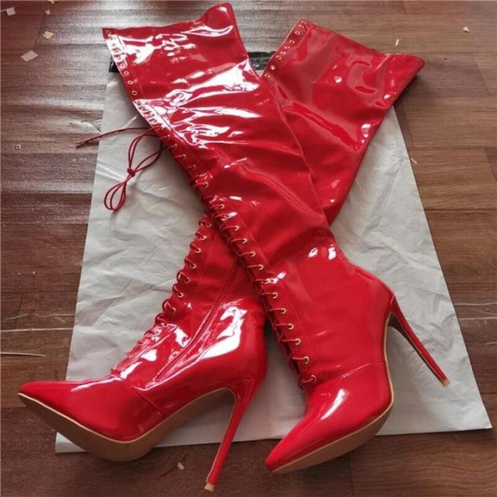 Women's Knee High Stiletto Boots Lace Up Side Zipper Heeled Boots Red  High Heels Long Boots over knee for Women