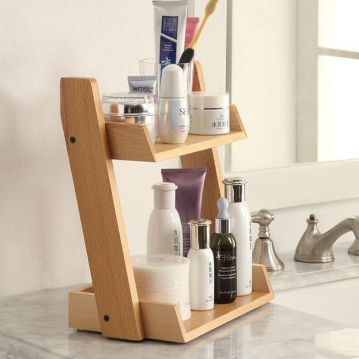 Multipurpose Wooden Countertop Organizer, Small - 2 Layer Cosmetics Organizer for Dresser, Easy Assembly - Natural Color
