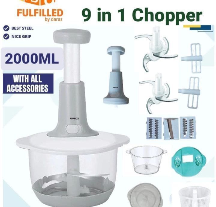 9-in-1 Vegetable Chopper 2000ML and Manual Push Chopper 1500ML – Hand Chopper Machine 1.5L – Manual Vegetable Cutter & Food Processor – Handy Chopper with 3 Stainless Steel Blades – Chop Fruits, Veggies & Nuts –