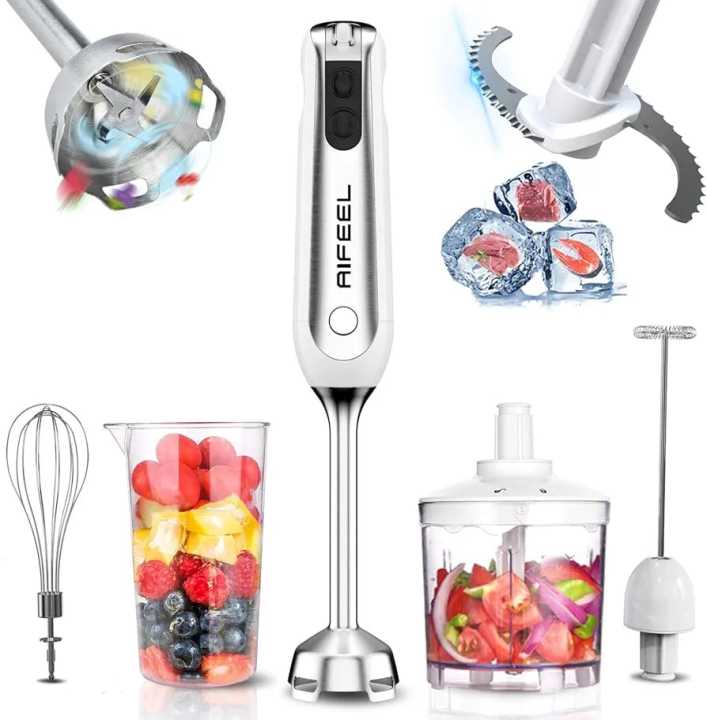 AIFEEL Immersion Hand Blender 5 in 1 Multifunctional Set with 5 Accessories, Ice Crusher.Handheld Stick Blender with Milk Frother,500ML Chopper, 600ML Measuring Cup and Egg Whisk Jar Frother Shredder Attachments, Dishwasher-Safe. |