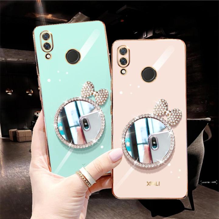 LECOMES for Huawei Nova 3i Back Cover with Bowknot Makeup Mirror Luxury 6D Plating Shiny Phone Case Soft Silicone Square Mobile Cases Pouch for Girls Boys