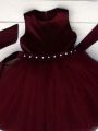 Cute Baby Frock with beads 2024 (baby girl fancy dress birthday frock partywear Red and Wine Red Color). 