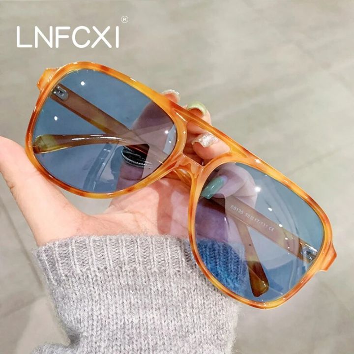 LNFCXI New Retro Oversized Double Bridges Men Pilot Polarized Sunglasses Clear Anti Blue Light Glasses Frame Women UV400