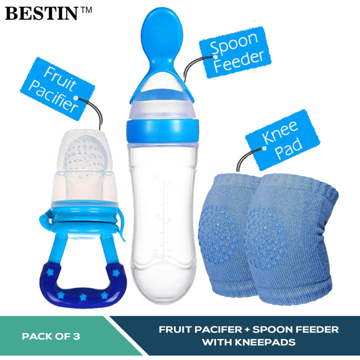 Pack Of 3 Baby Silicone Squeeze Spoon Feeder With Baby Fruit Pacifier and Baby Kneepad For Crawling Baby Feeders