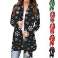 Long Cardigan Festive Snowflake Letter Print Casual Coat. 