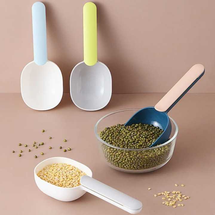 Multi-function Rice Scoop Spoon- With Sealing Bag Clip Creative Measuring Cup  -Available in Set of 1,2 & 4- Different colors -Multipurpose  Measuring Spoon-Creative Measuring Cup Curved Design