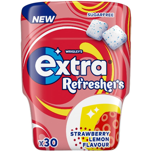 Wrigleys Extra  Refreshers  Strawberry & Lemon  Bubble Sugar Free Chewing Gum 67g 30 pcs