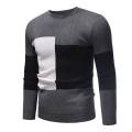 Male Sweater of Long Sleeves and Round Neck Casual Contrast Color Top Pullover Base Shirt. 