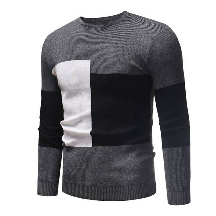 Male Sweater of Long Sleeves and Round Neck Casual Contrast Color Top Pullover Base Shirt