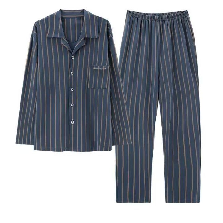 Cotton spring autumn middle-aged and young men's sleepwear, long sleeved outerwear, plus size loose home suit set, fashionable