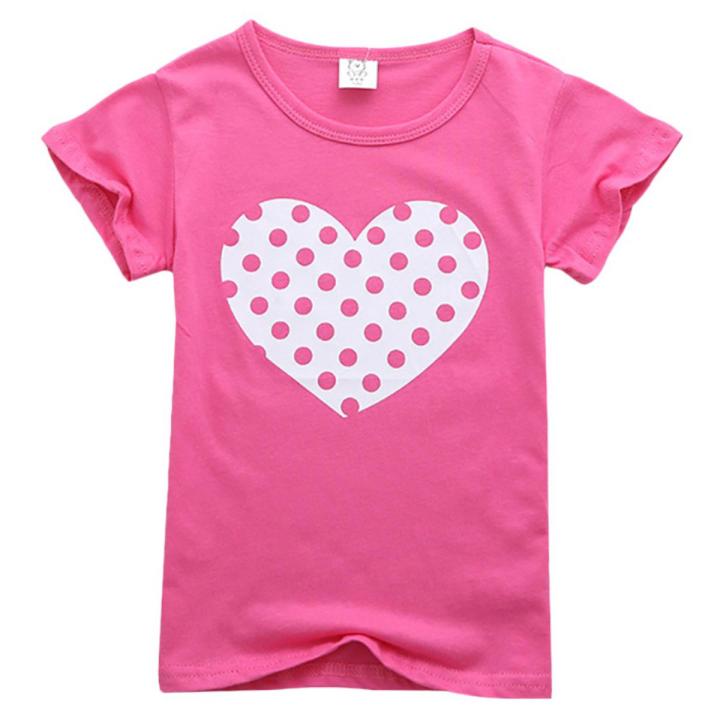 Baju-T Kanak-Kanak Perempuan Summer Kids Girls T-Shirt Love Heart Cartoon Short Sleeve Tops Cotton Breathable Cooling Wear