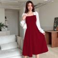 TWO TONE SQUARE NECK BISHOP SLEEVE DRESS. 