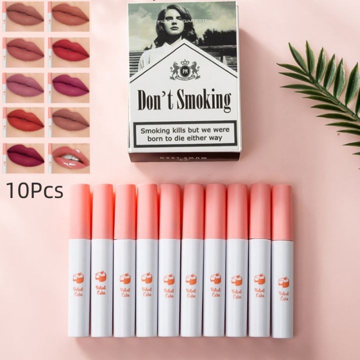 10pcs Lana Del Rey Matte Lip Gloss Creative Cigarette Lipstick Set Long Lasting Waterproof Non Stick To Cup Velvet Nude Lip