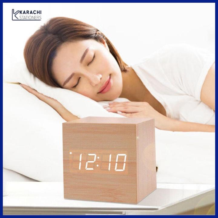 Mini Cube Wooden Clock Voice Control Electronic Desk Clock with LED Digital Table Watch Snooze Cute Alarm Clock