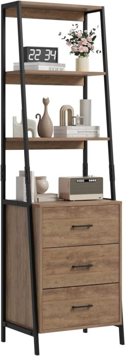 Industrial Bookshelf, Tall Bookcase with 3 Fabric Storage Drawers, Display Standing Shelf Unit for Living Room, Home Office,