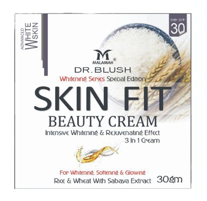 MALAMAH DR BLUSH SKIN FIT RICE AND WHEAT BEAUTY CREAM SKINFIT 3 IN 1 MULTI VITAMIN BRIGHTENINGS SERIES CREAM WITH SABAYA EXTRACTS, FOR ADVANCE FACE FRESHNESS, FRECKLES, ANTI WRINKLES, ANTI AGING, DARK CIRCLES, DEEP SKIN TREATMENT AND ULTRA HD GLOW SPF 30