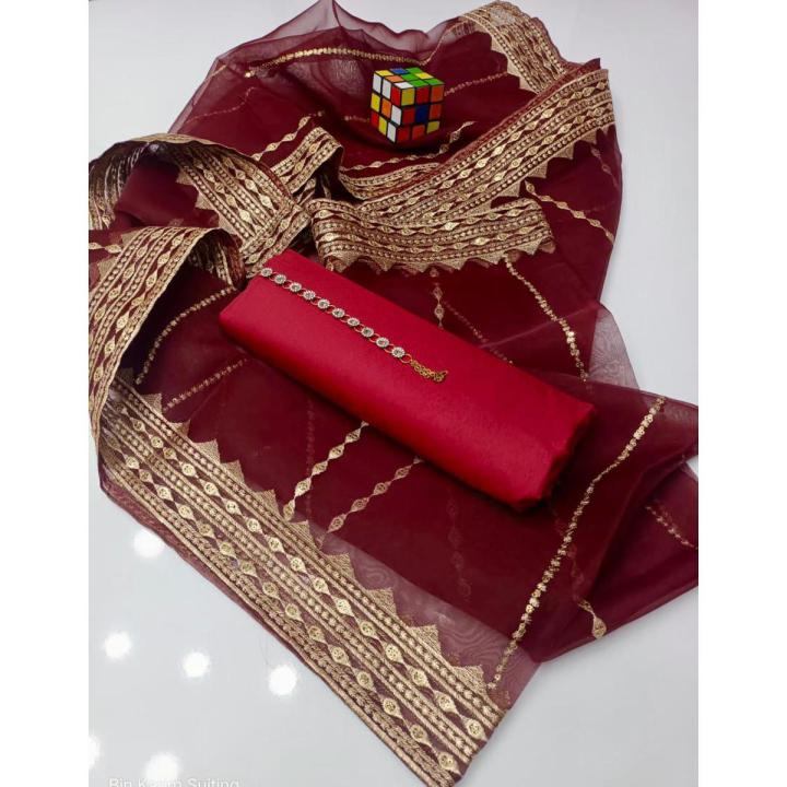 New Perfect Fancy & wedding wear casual dress - Maroon color 3pcs un-stitched dress - Kataan Shirt & Trouser with Organza Embroidered Dupatta